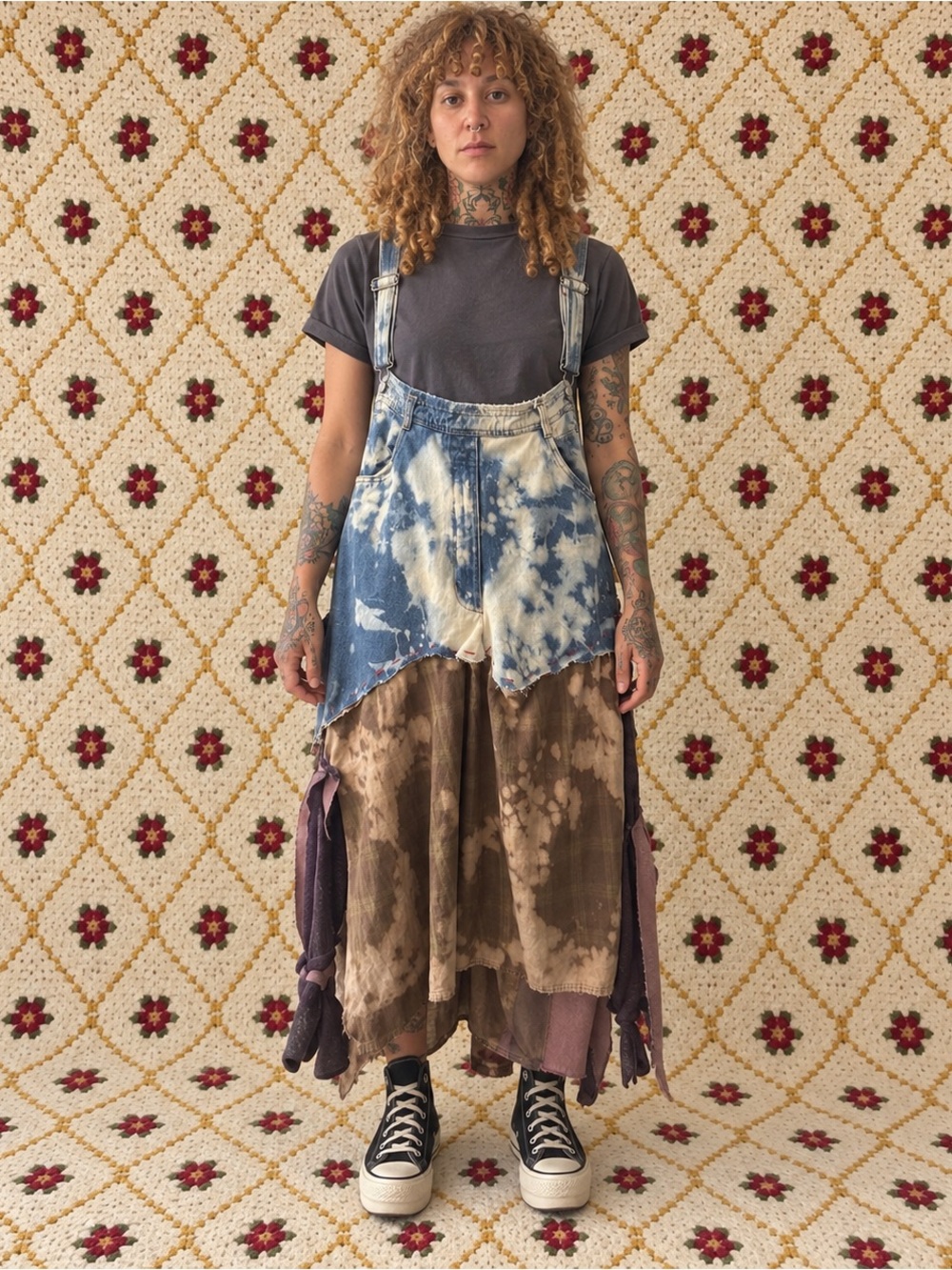 Upcycled Patchwork Denim Dress Tie Dye One Size Boho Festival Artwear Maxi